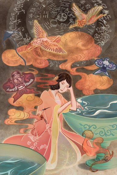 Woman with kites illustration
