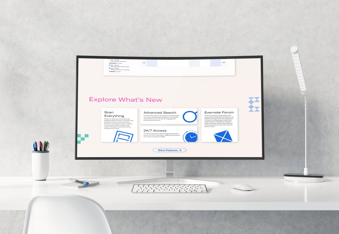Evernote website features on a monitor